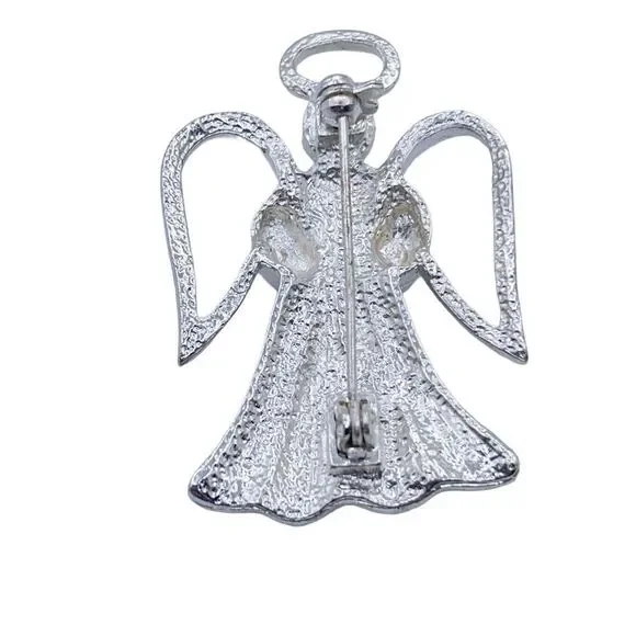 Angle Brooch Silver Tone Blue Swirl Enamel Heart Charm Faux Pearl Halo Wings - Picture 3 of 10